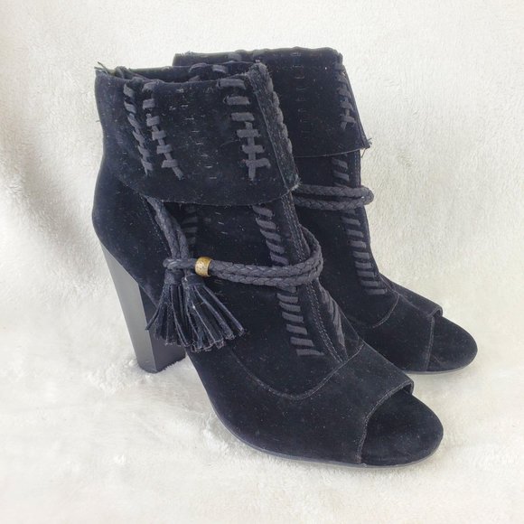 BAMBOO Shoes - Bamboo Black Velvet Tassel Tie Peep Toe Bootie 10